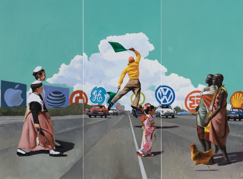 Cosmo - Triptych/Screen, 2016.  Oil on wood. 243 x 327 cm.