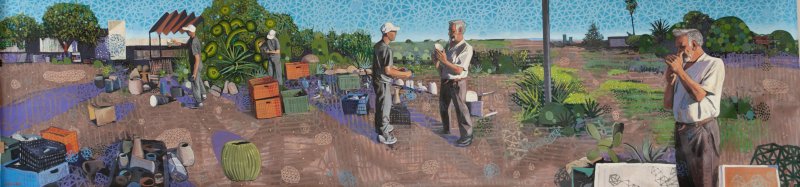 Diamantes en la basura, 2025. Acr&iacute;lico y &oacute;leo sobre papel. 144 x 575 cm 